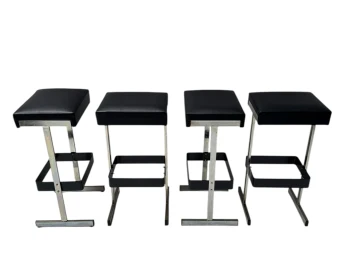 Four Mid-Century Modern Bar Stools with Black Leather Seats, 1970s